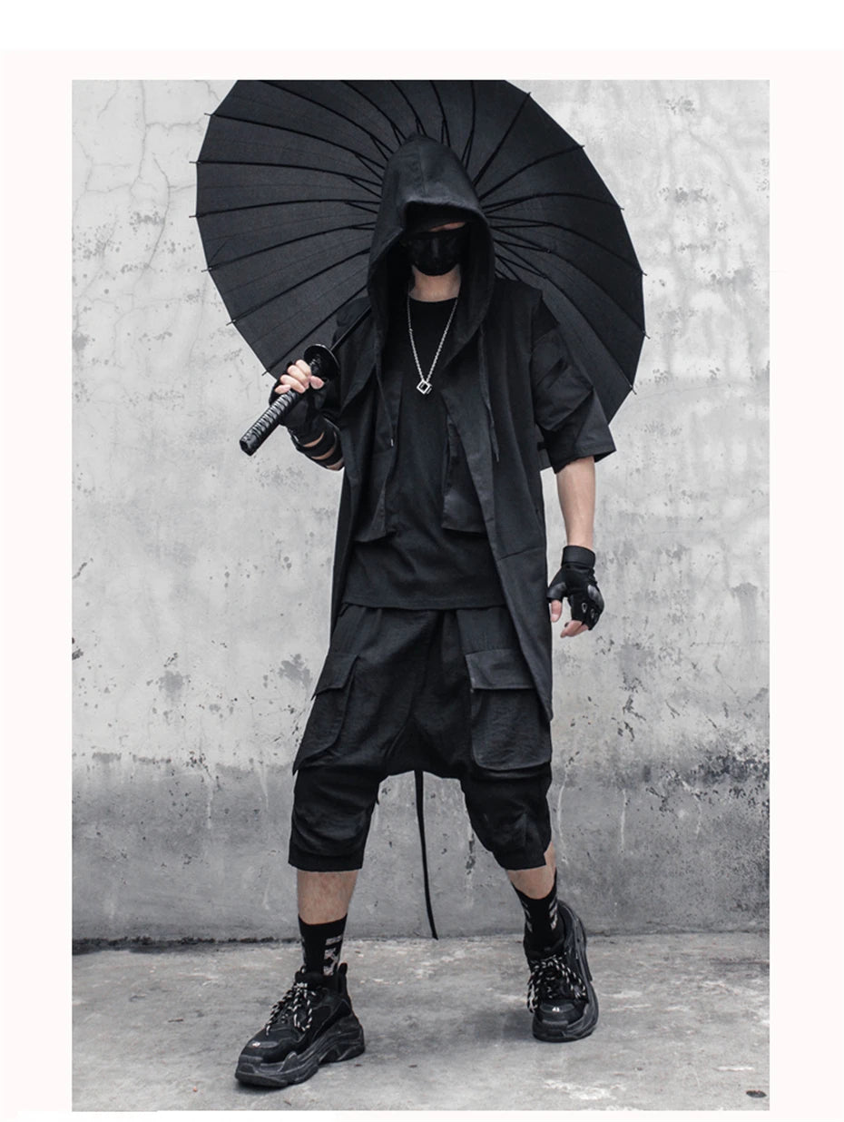Noxwear - Black Hooded Wizard Vest Coat Men 2025 Autumn Summer Sleeveless Jacket Casual Men Coat Techwear WB184