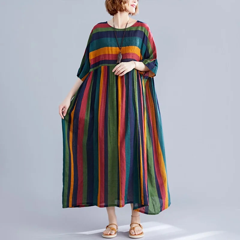 Noxwear short sleeve oversized cotton vintage stripe new in dresses for women casual loose long woman summer dress elegant clothes 2026