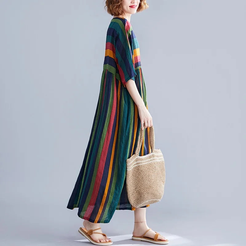 Noxwear short sleeve oversized cotton vintage stripe new in dresses for women casual loose long woman summer dress elegant clothes 2026