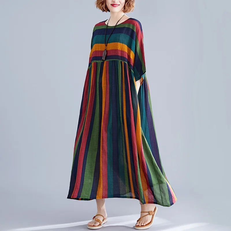 Noxwear short sleeve oversized cotton vintage stripe new in dresses for women casual loose long woman summer dress elegant clothes 2026