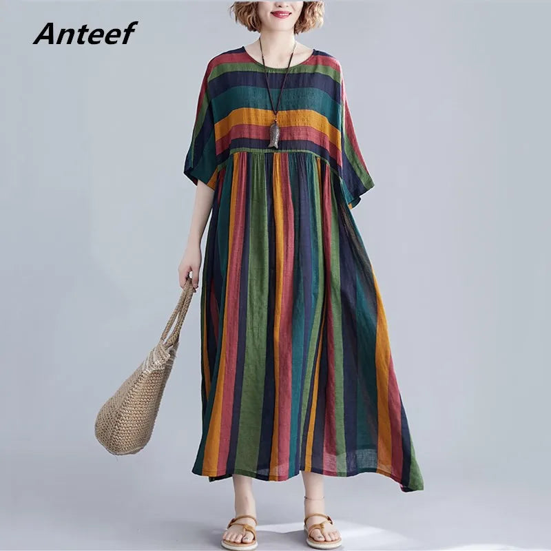 Noxwear short sleeve oversized cotton vintage stripe new in dresses for women casual loose long woman summer dress elegant clothes 2026