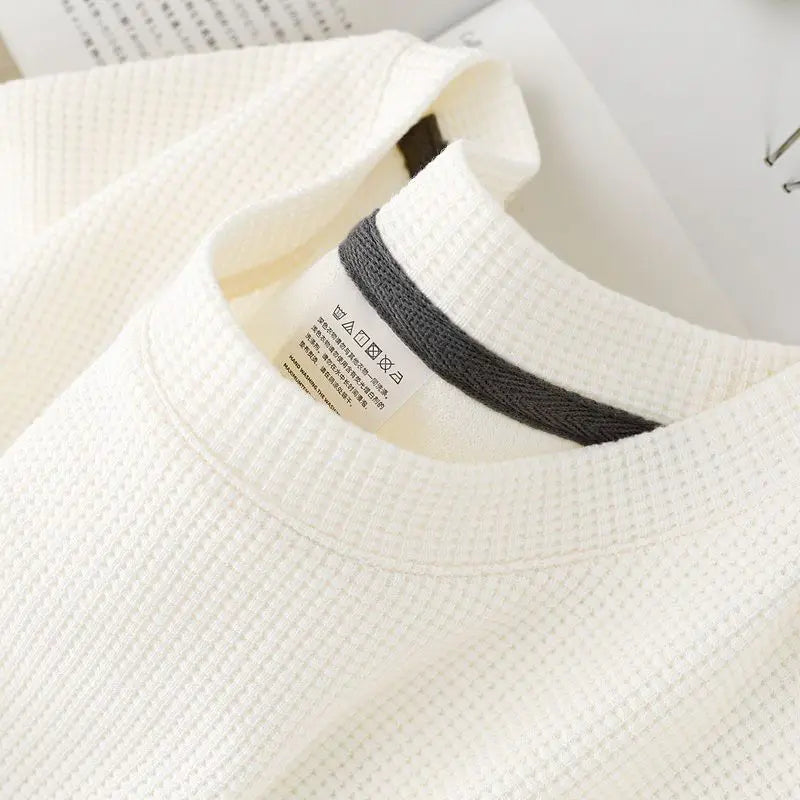 Noxwear - Waffle Short Sleeved T-shirt for Men and Women Summer Japanese Round Neck Half Sleeved Top Loose Casual Solid Color T-shirt
