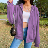 Noxwear - Autumn Fleece Hoodie Solid Color Hooded Korean Fashion Sweatshirts Long Sleeve Top Drawstring Pockets Loose Zipper Black Hoodies