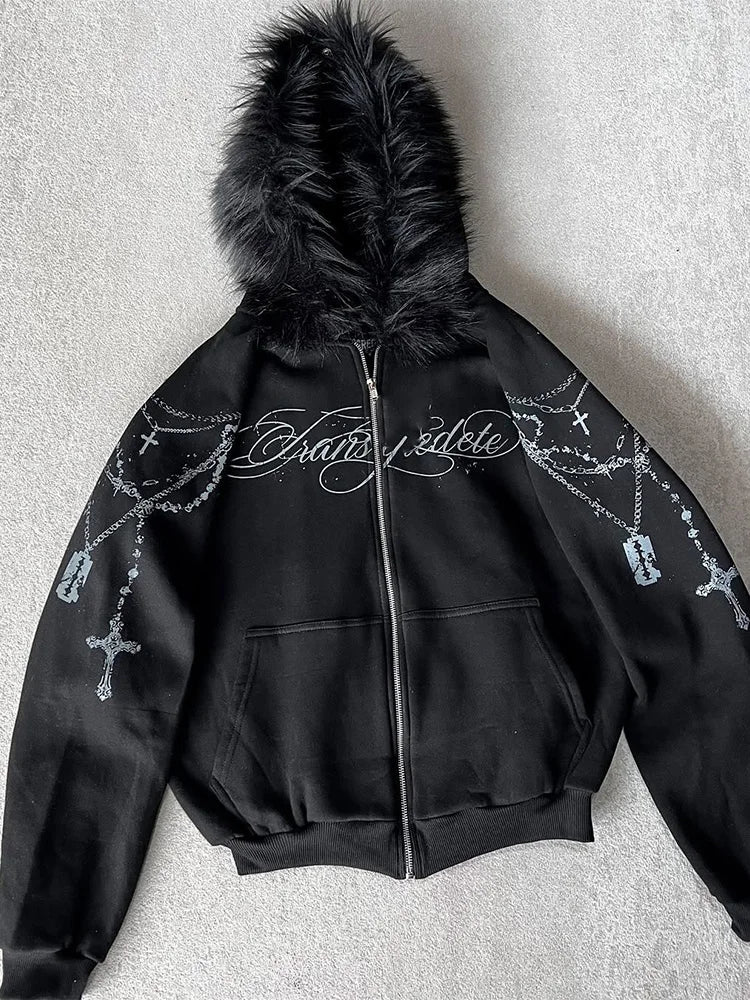 Noxwear - Gothic Punk Faux Fur Hooded Jacket
