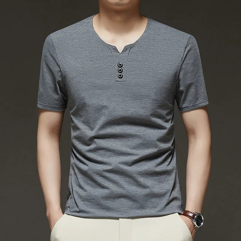Noxwear - 2025 New Men's Business Casual Three Button V-neck Short Sleeved T-shirt Korean Style Summer Comfortable Versatile Top