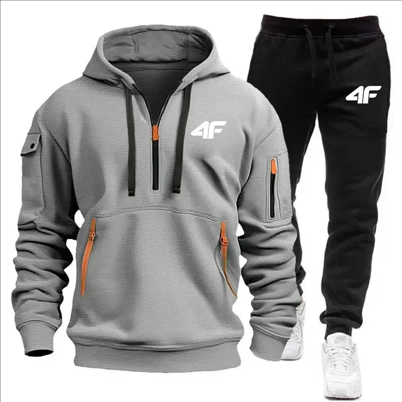 Noxwear-Men's tracksuit zipper hood multi-pocket and protective pants casual jogging tracksuit fall/winter 2-piece setLarge size S-3XL