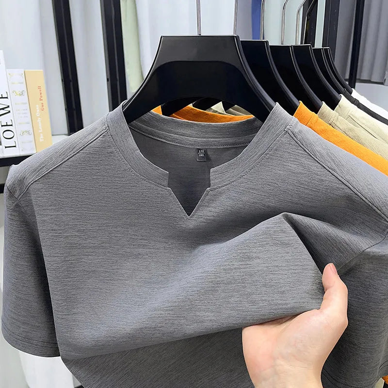 Noxwear - Korean Men's Casual and Fashionable Small V-neck Solid Color Short Sleeved T-shirt Comfortable Summer Versatile Top