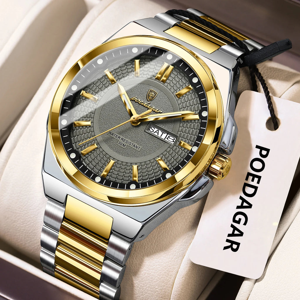 Noxwear - POEDAGAR Sport Original Men Clock Quartz Date Week Luxury Man Wristwatch Waterproof Luminous Stainless Steel Men's Watches Reloj
