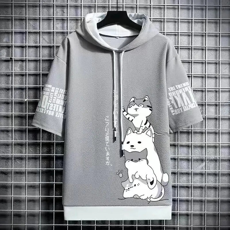Noxwear - Japan Fashion Men's Hoodies Summer Men Clothing Cartoon Casual Harajuku Streetwear Print Hooded Top Short Sleeve Sweatshirts Men