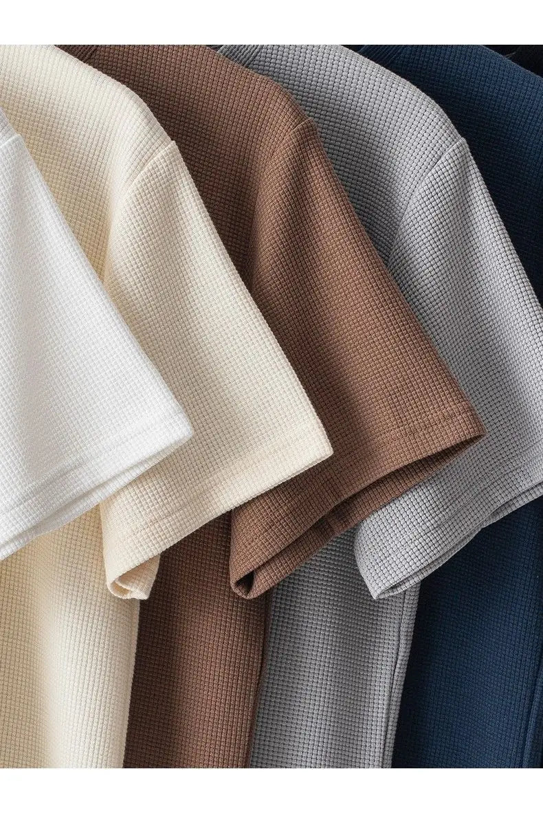 Noxwear - Waffle Short Sleeved T-shirt for Men and Women Summer Japanese Round Neck Half Sleeved Top Loose Casual Solid Color T-shirt