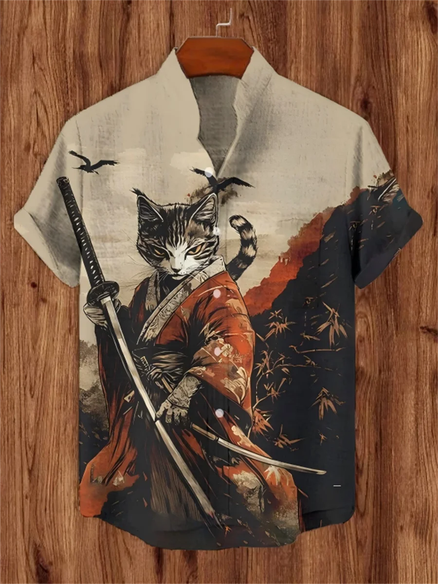 Noxwear - Men's linen short sleeved shirt, loose top, animal print, fashionable trend, outdoor street, casual and comfortable