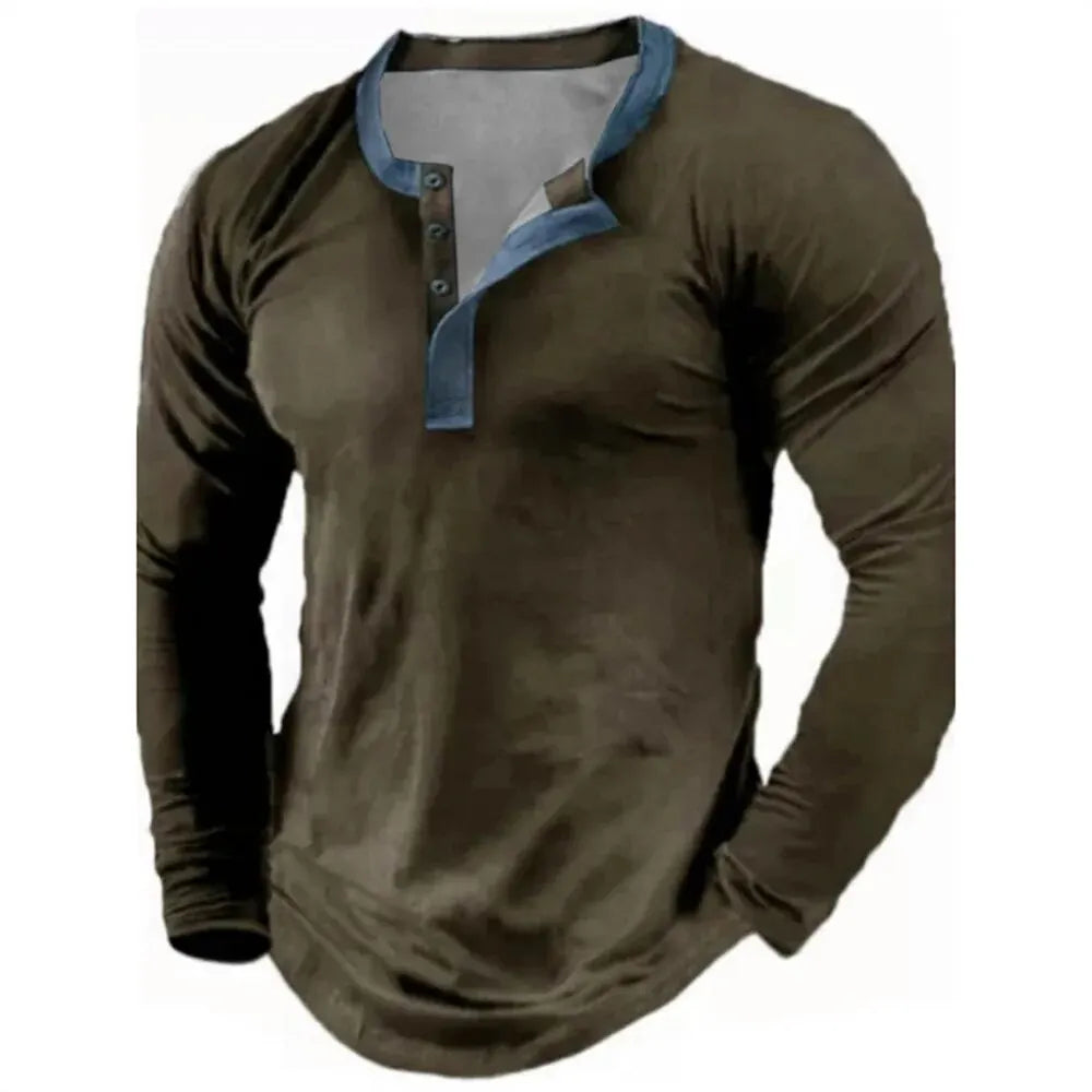 Noxwear - Spring Autumn Solid Color Henley Shirts 3D Printed Men's Fashion Vintage Button-Down Long Sleeve T Shirt Man Tees Tops Clothing