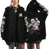 Noxwear Anime Hoodies in black with white sleeve and chest logo print, featuring zip‑up front for comfort and large colorful back graphic with anime‑inspired character design for bold streetwear style.