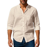 Noxwear - Cotton Linen Shirt for Men Henley Neck Solid Color Lightweight Breathable Slim Fit Single Breasted Shirt Long Sleeve Button Up