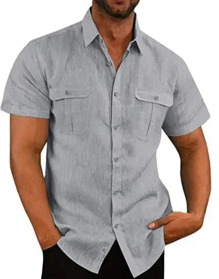 Noxwear - Cotton Linen Hot Sale Men Short-Sleeved Shirts Summer Solid Color Comfort Collar Casual Beach Style Plus SizeMale Shirts M-5XL