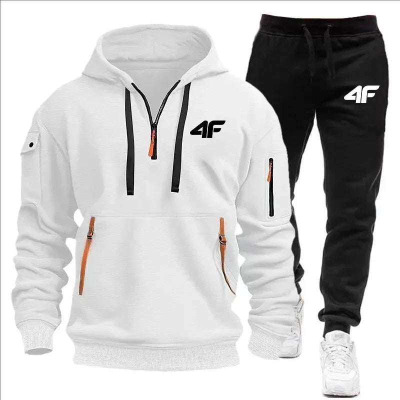 Noxwear-Men's tracksuit zipper hood multi-pocket and protective pants casual jogging tracksuit fall/winter 2-piece setLarge size S-3XL