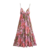 Noxwear Fashion Printed Elastic Waist Backless Dress Women Lace Up Vintage Straps V-Neck Midi Dresses Female Vacation Chic Beach Dresses