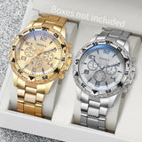 Noxwear - 2pcs/set Men Business Watches Fashion Arabic Dial Steel Band Male's Quartz Watch Set (Without Box）