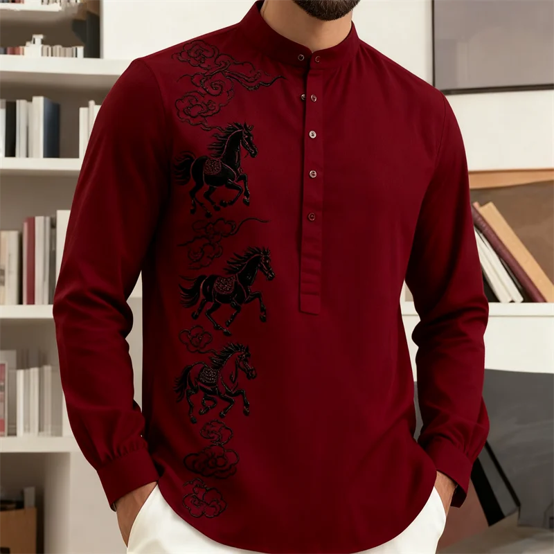 Noxwear - New men's casual fashion street men's 3D horse print shirt with collar and long sleeved top men's long sleeved shirt