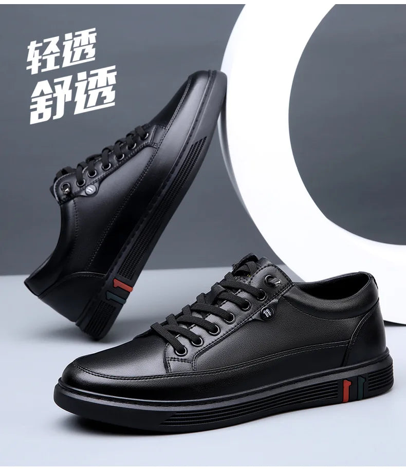 Noxwear - New Shoes for Men Genuine Leather Casual Shoes Spring Autumn Cool Black Flat Skateboard Shoes Youth Fashion Slip-on Sneakers