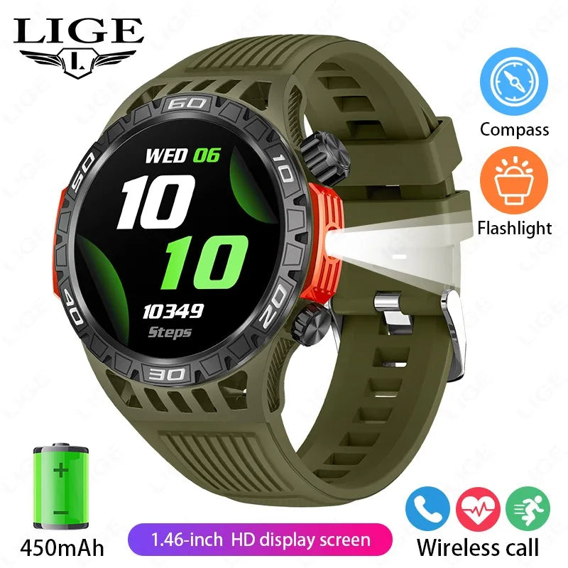 Noxwear - LIGE GPS Smart Watch Men LED Flashlight Compass Waterproof Bluetooth Call Health Watches Voice Assistant Military Smartwatch Men