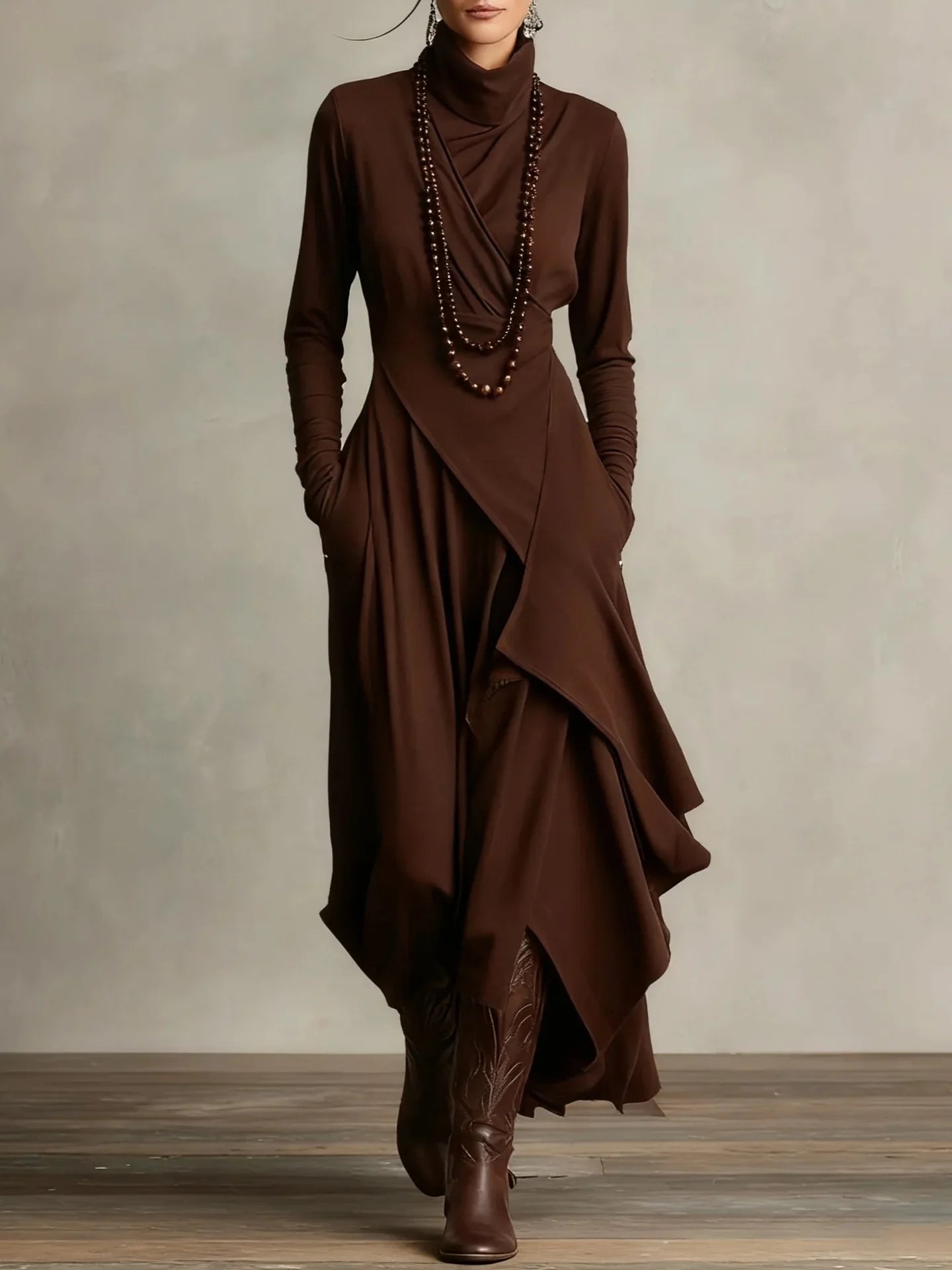 Noxwear Vintage Pocket Asymmetric Dress for Women's Long Sleeve Solid Turtleneck Minimalist Retro Casual Autumn Long Dresses 2025