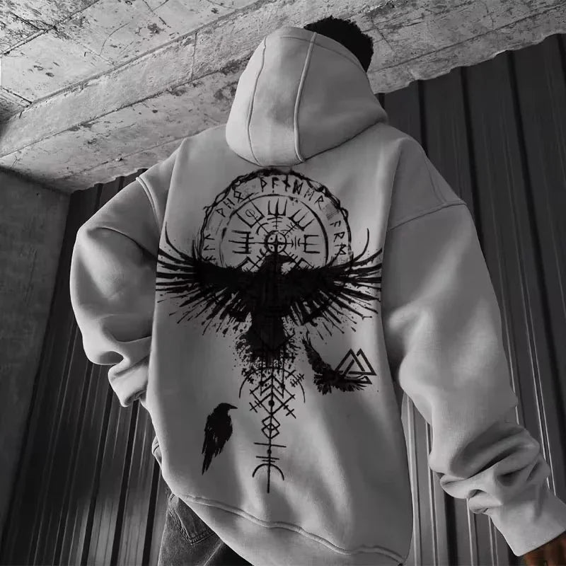 Men’s hooded sweatshirt in light color with mandala dreamcatcher graphic print, autumn streetwear style.