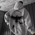 Men’s hooded sweatshirt in light color with mandala dreamcatcher graphic print, autumn streetwear style.