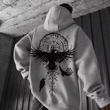 Men’s hooded sweatshirt in light color with mandala dreamcatcher graphic print, autumn streetwear style.