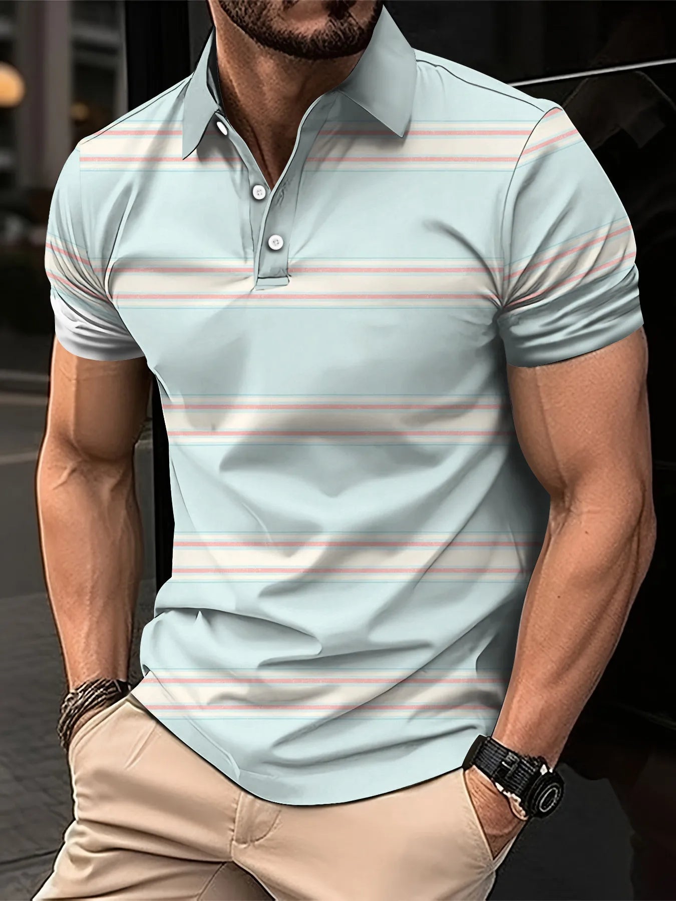 Noxwear - Men's Short Clothes Sleeved Lapel 3D Digital Printed Striped Polo Shirt Summer  Man's Business Casual Top Clothes Oversized