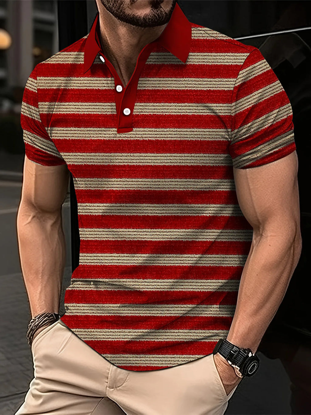 Noxwear - Men's Short Clothes Sleeved Lapel 3D Digital Printed Striped Polo Shirt Summer  Man's Business Casual Top Clothes Oversized