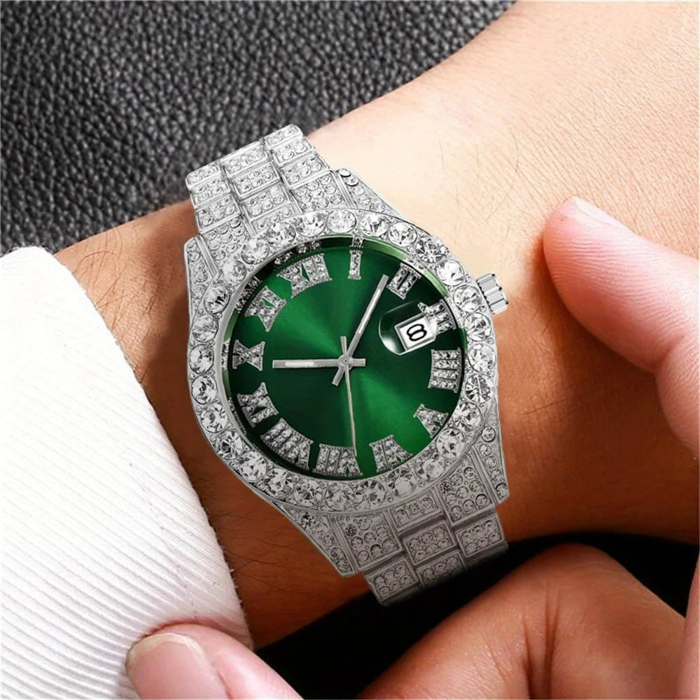 Noxwear - Mens Hip Hop Watch VintagInspired Retro Quartz Timepiece with Oversized Rhinestone Dial and Durable Stainless Steel Band for Men