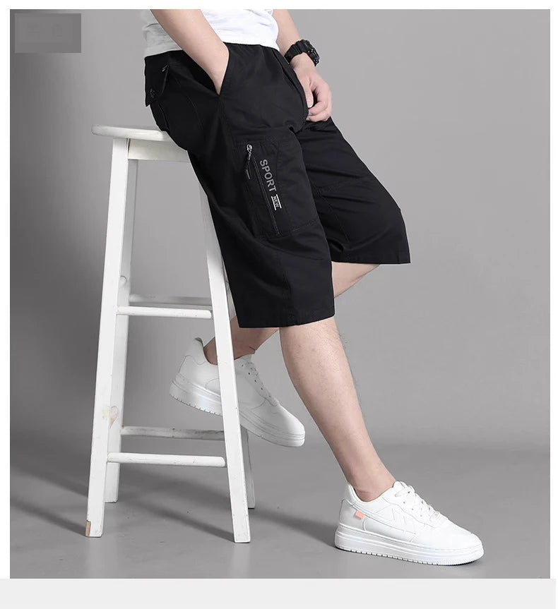 Noxwear - Mens Cargo Shorts Knee Pants Zipper Pocket Summer Cotton Shorts Climbing Jogger Elastic Waist Sports Wear