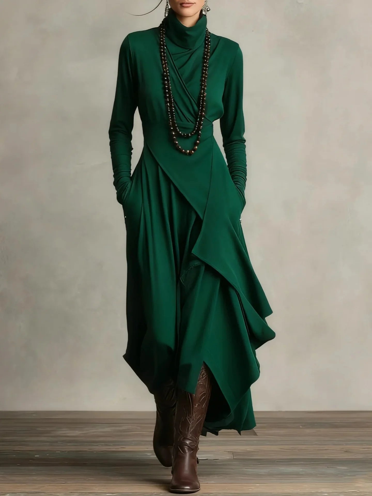 Noxwear Vintage Pocket Asymmetric Dress for Women's Long Sleeve Solid Turtleneck Minimalist Retro Casual Autumn Long Dresses 2025