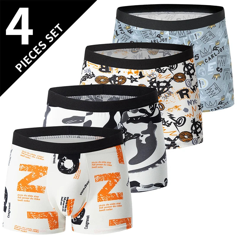 Noxwear - 4/10piece Men's European And American Size Printed Fashionable Underwear Comfortable Plus Size Boxer Shorts Casual Sports Shorts
