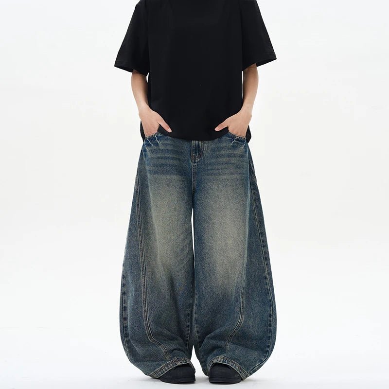 Noxwear - Spring New Men's Jeans Oversized Wide Leg Pants Loose Vintage Patchwork Lightning Cracked Denim Trousers Streetwear Male