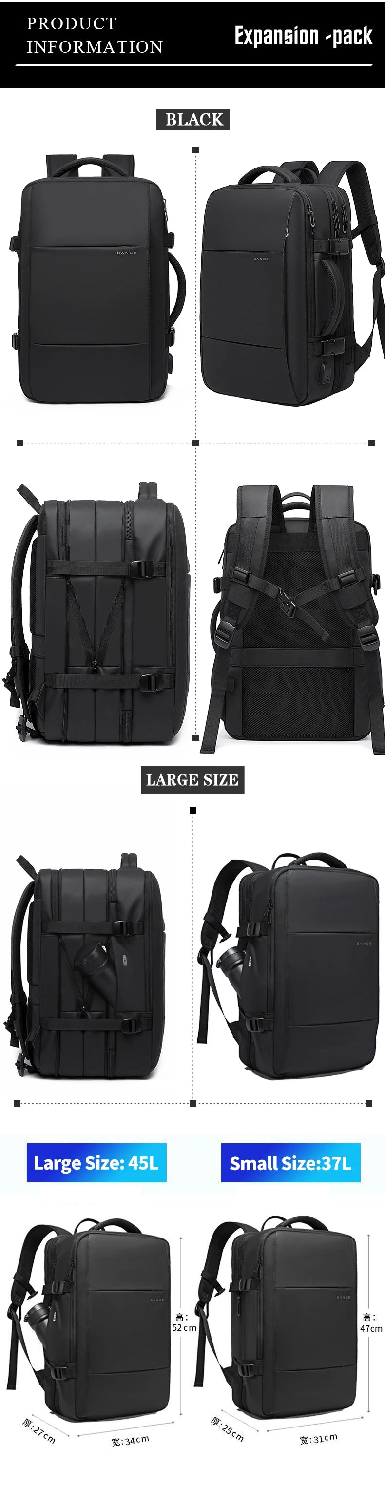 Noxwear - Bange Travel Backpack, Backpack School Expandable USB Bag Large Capacity 17.3 Laptop Waterproof