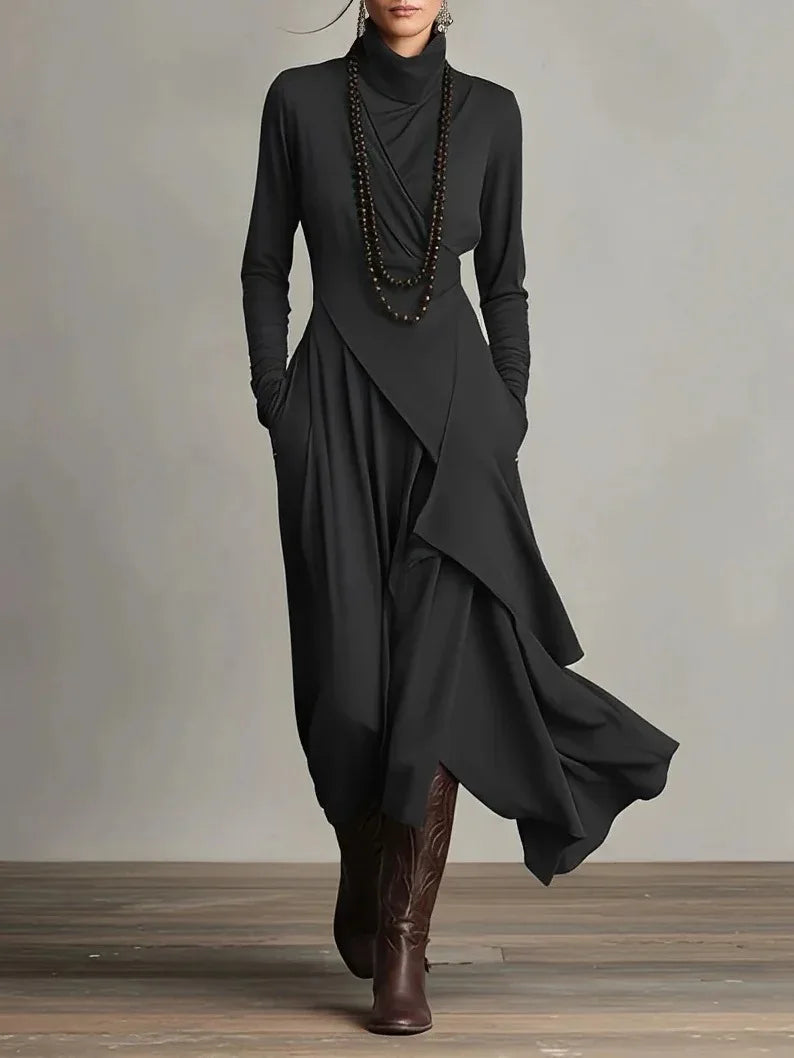 Noxwear Vintage Pocket Asymmetric Dress for Women's Long Sleeve Solid Turtleneck Minimalist Retro Casual Autumn Long Dresses 2025
