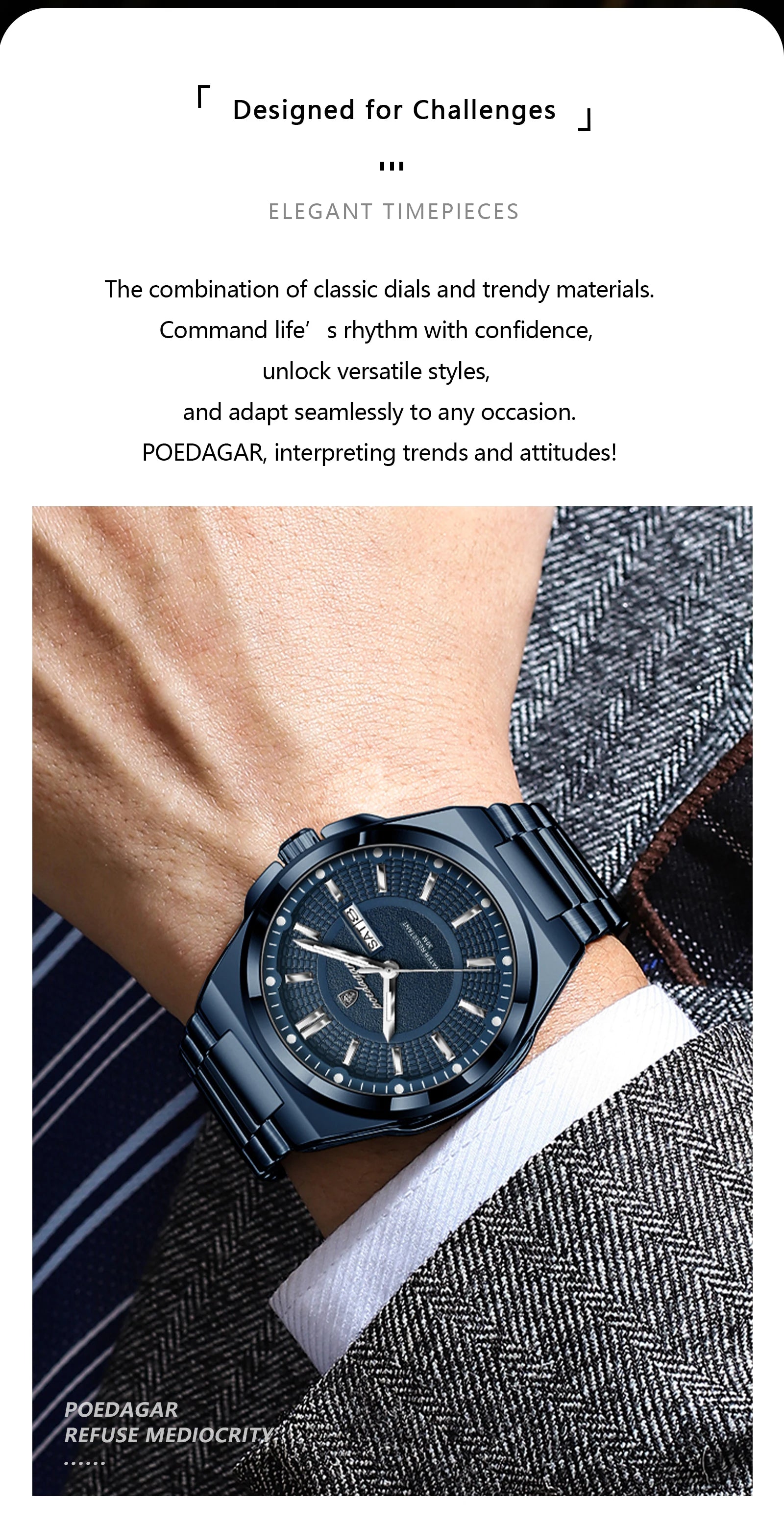 Noxwear - POEDAGAR Sport Original Men Clock Quartz Date Week Luxury Man Wristwatch Waterproof Luminous Stainless Steel Men's Watches Reloj