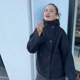 Noxwear Stand Collar Women Winter Woolen Coats 2025 Autumn Single Breasted Loose Female Long Sleeve Jacket Office Lady Street Short Coat