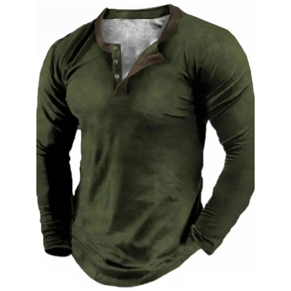 Noxwear - Spring Autumn Solid Color Henley Shirts 3D Printed Men's Fashion Vintage Button-Down Long Sleeve T Shirt Man Tees Tops Clothing