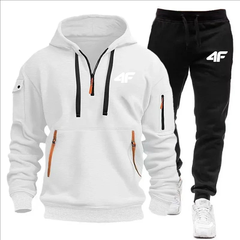 Noxwear-Men's tracksuit zipper hood multi-pocket and protective pants casual jogging tracksuit fall/winter 2-piece setLarge size S-3XL