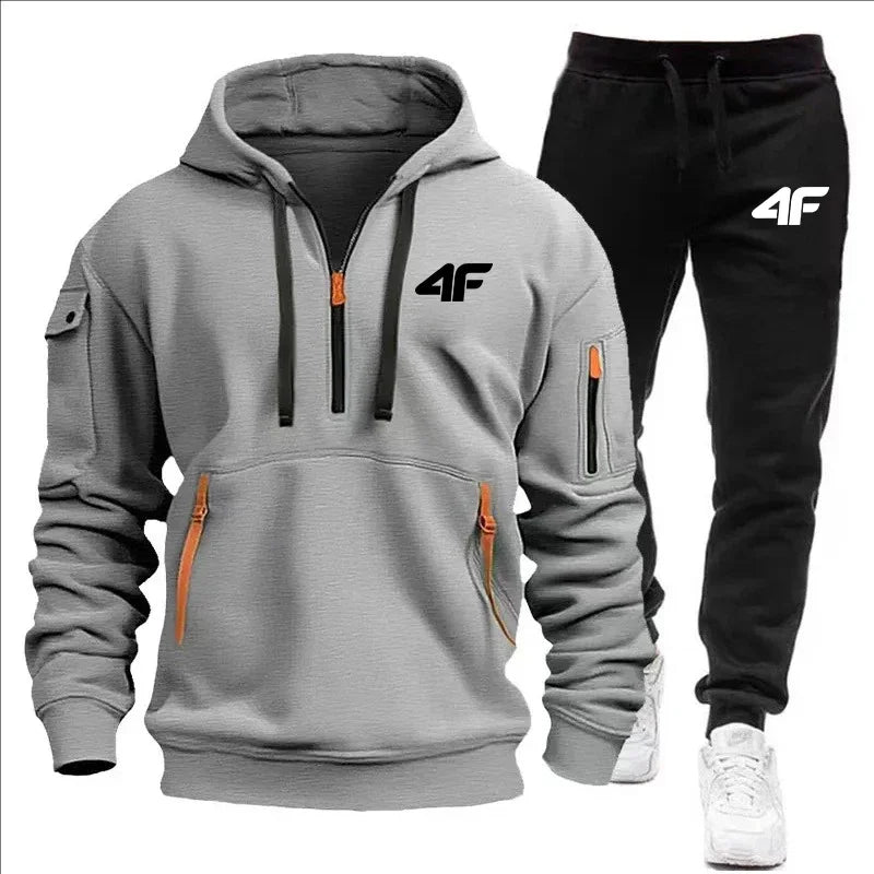 Noxwear-Men's tracksuit zipper hood multi-pocket and protective pants casual jogging tracksuit fall/winter 2-piece setLarge size S-3XL