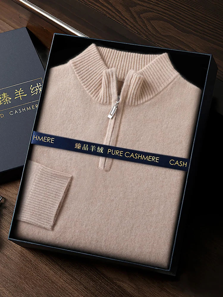 Noxwear - CHICUU Men's 100% Cashmere Sweater Zipper Pullover Mock Neck Long Sleeve Basic Cashmere Knitwear Autumn Winter Clothing Tops