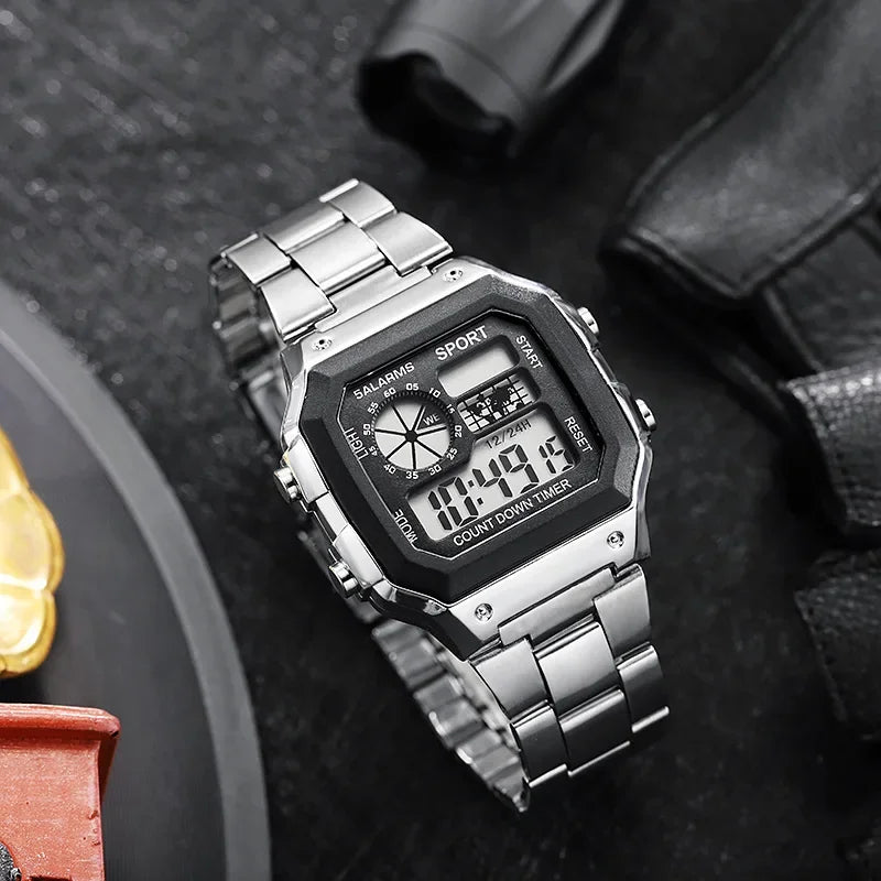 Noxwear - MAYZHISU Classic Men's Digital Watches Luxury Stainless Steel Strap Sport Watches Men Military Clock LED Sport Wristwatch