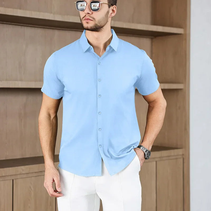 Noxwear -New Men's Business Casual Solid Color Short Sleeved Shirt for Summer Fashion No Ironing Comfortable and Versatile Top