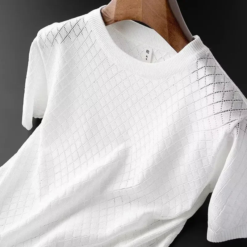 Noxwear - Men's Ice Silk Hollow V-neck T-shirt Top Summer Cool Thin Style Chicken Heart Short Sleeves Knitted Top