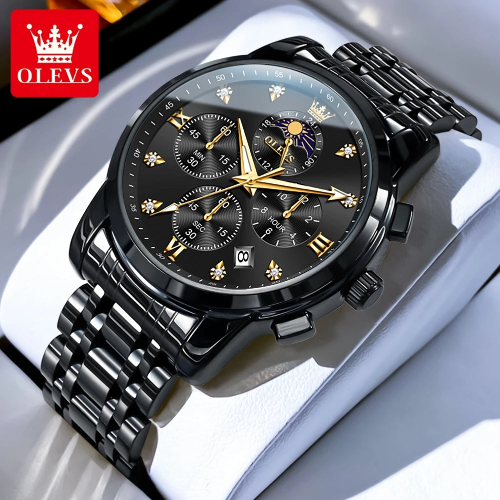 Noxwear - OLEVS Top Luxury Brand Men's Watches Moon Phase Chronograph Quartz Watch for Man Gold Stainless Steel Luminous Original Watch