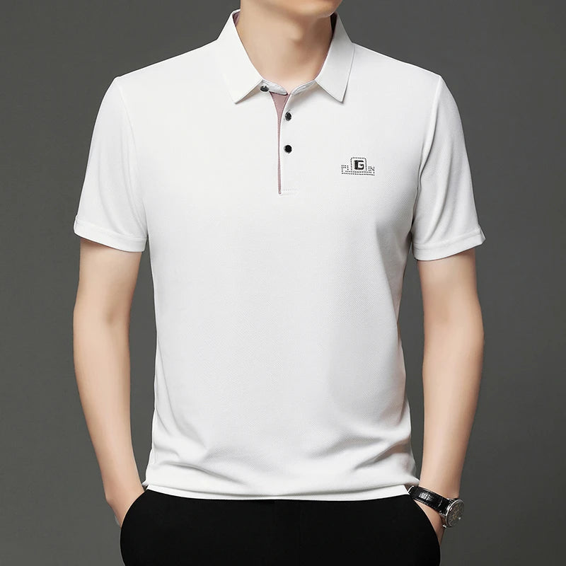 Noxwear - New Men's Business Casual Short Sleeved Shirt with Badge Solid Color Polo Shirt Fashionable Breathable Comfortable Versatile Top