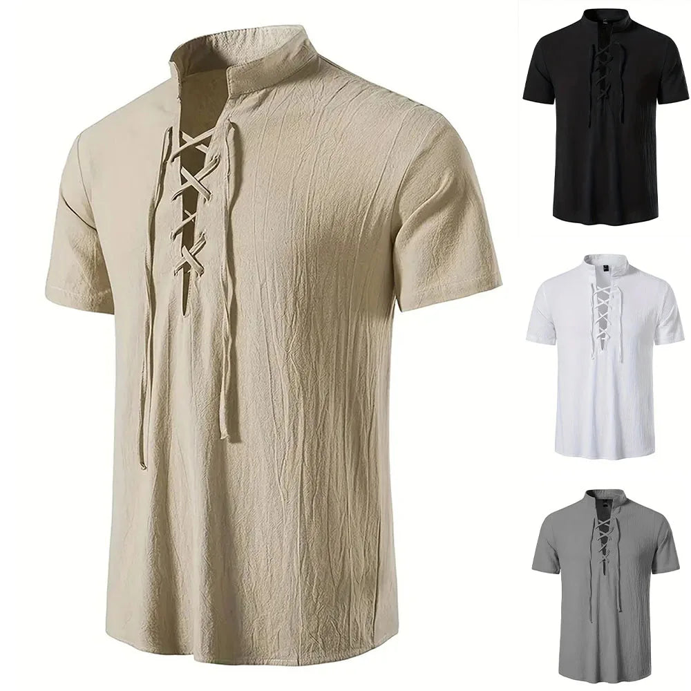 Noxwear - Men's Retro Shirt Short Sleeve Cotton Linen Lightweight Breathable Solid Color Fashion Tops Pirate V-neck Male Stylish Shirs
